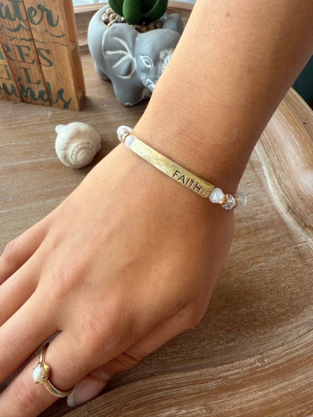 FAITH Beaded Stretch Bracelet with Gold Bar - Picture 3 of 8